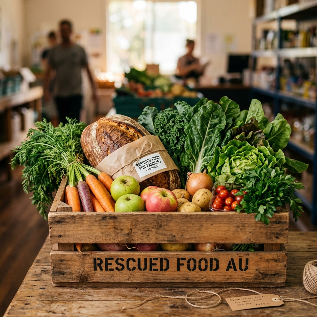 Rescued fresh vegetables and bread inside a wooden crate labelled RESCUED FOOD AU