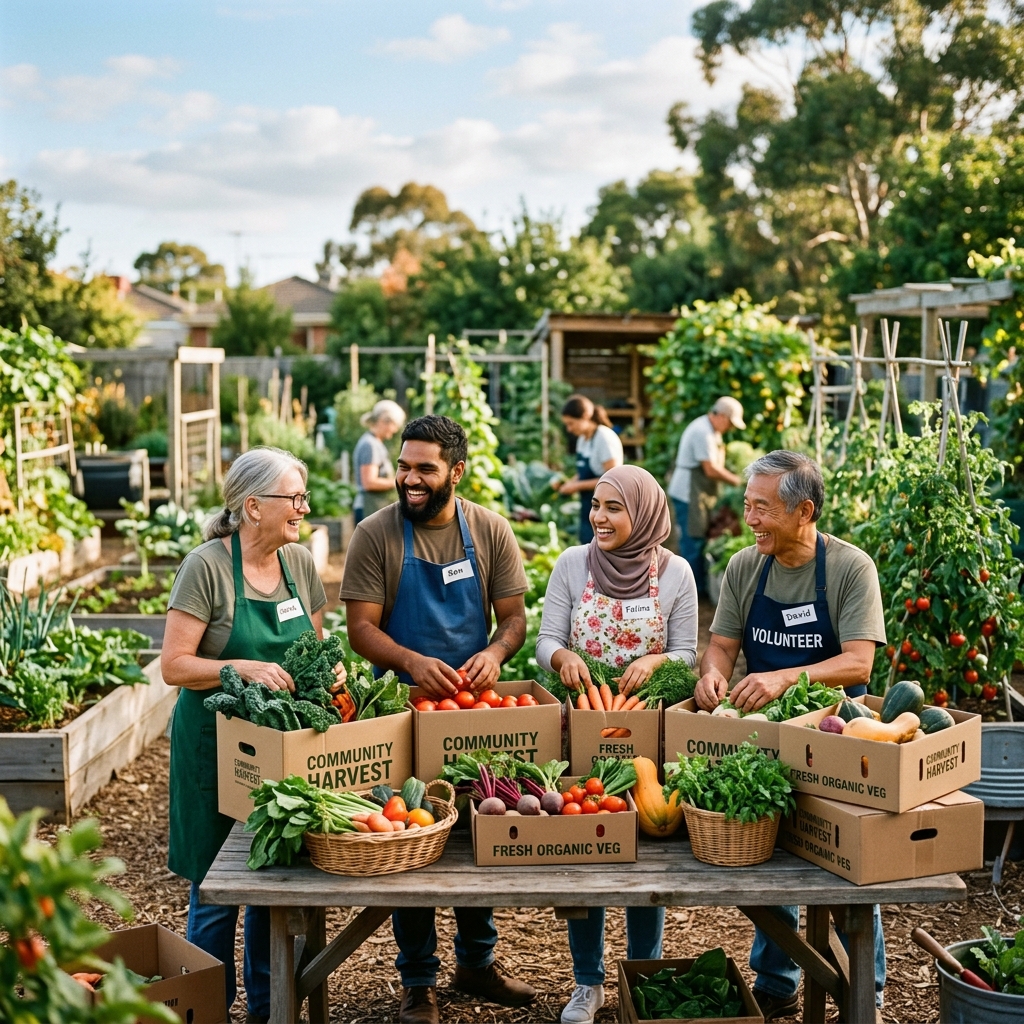 Diverse Australian volunteers packing boxes of organic food in a community garden